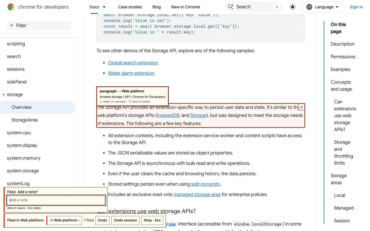 Aim to file on a Chrome for Developers page: a paragraph outlined and a small panel filing it to a Shelf folder.