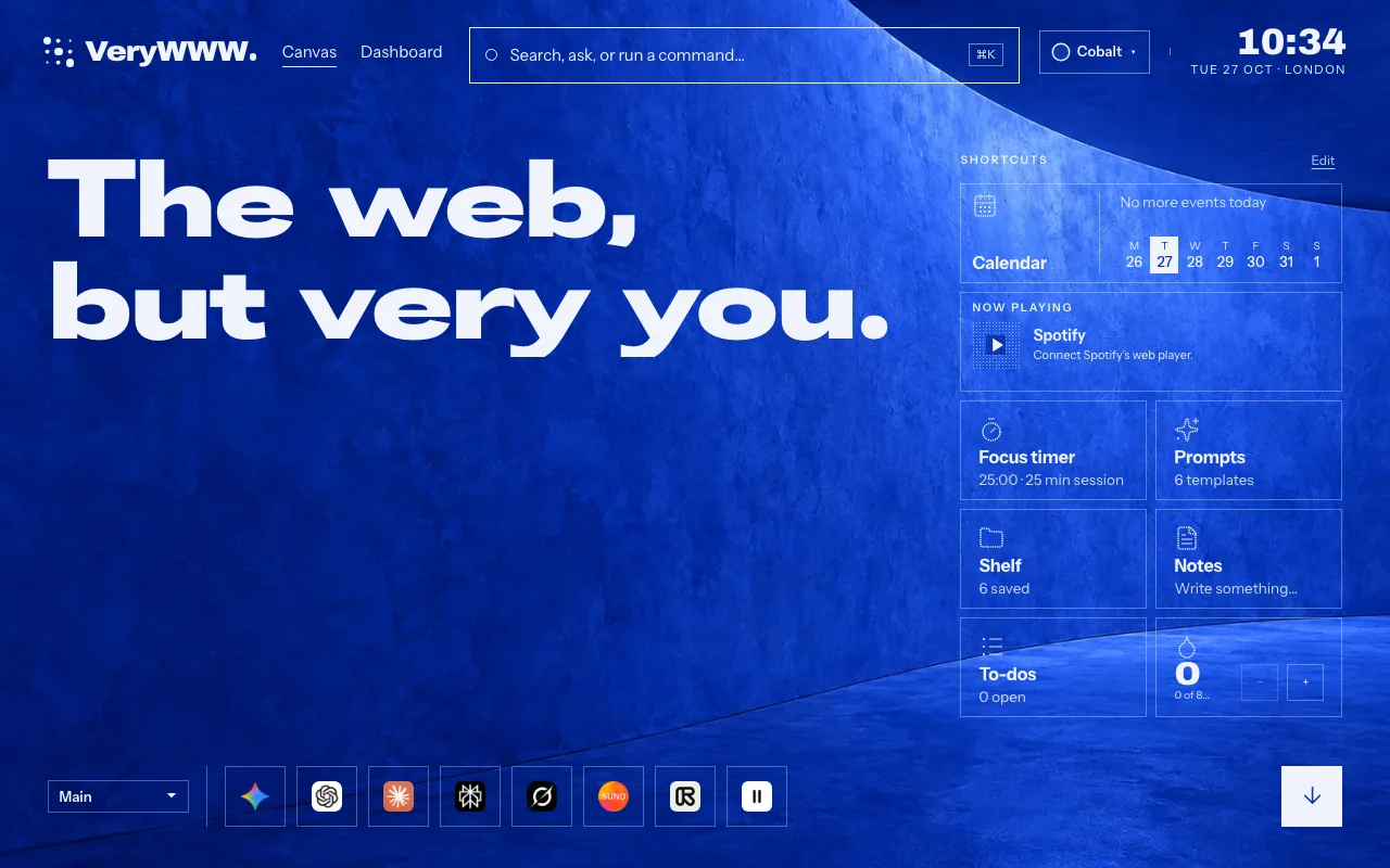 A VeryWWW new tab: the headline “The web, but very you.” on a cobalt plaster wall, with shortcuts for the calendar, focus timer, prompts, Shelf, notes and to-dos.