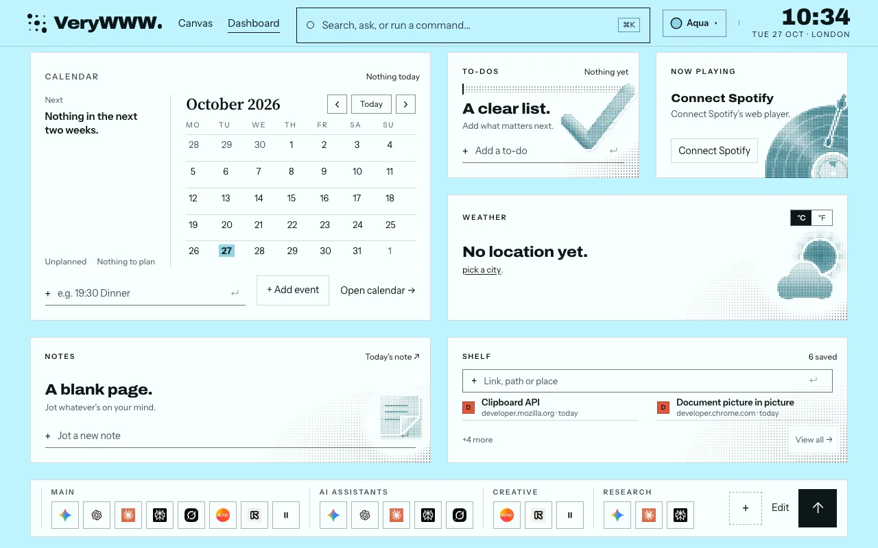 The VeryWWW Dashboard on an aqua wall: an October 2026 calendar, the to-do list, notes, weather, Now playing and the Shelf.