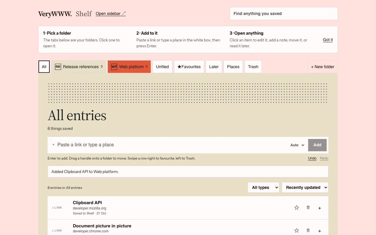 The Shelf: folders across the top and saved links listed under All entries.