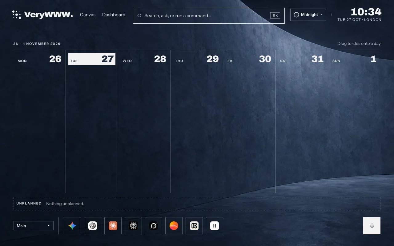 The Week layout on the Midnight wall: the days from 26 October to 1 November across dark plaster.
